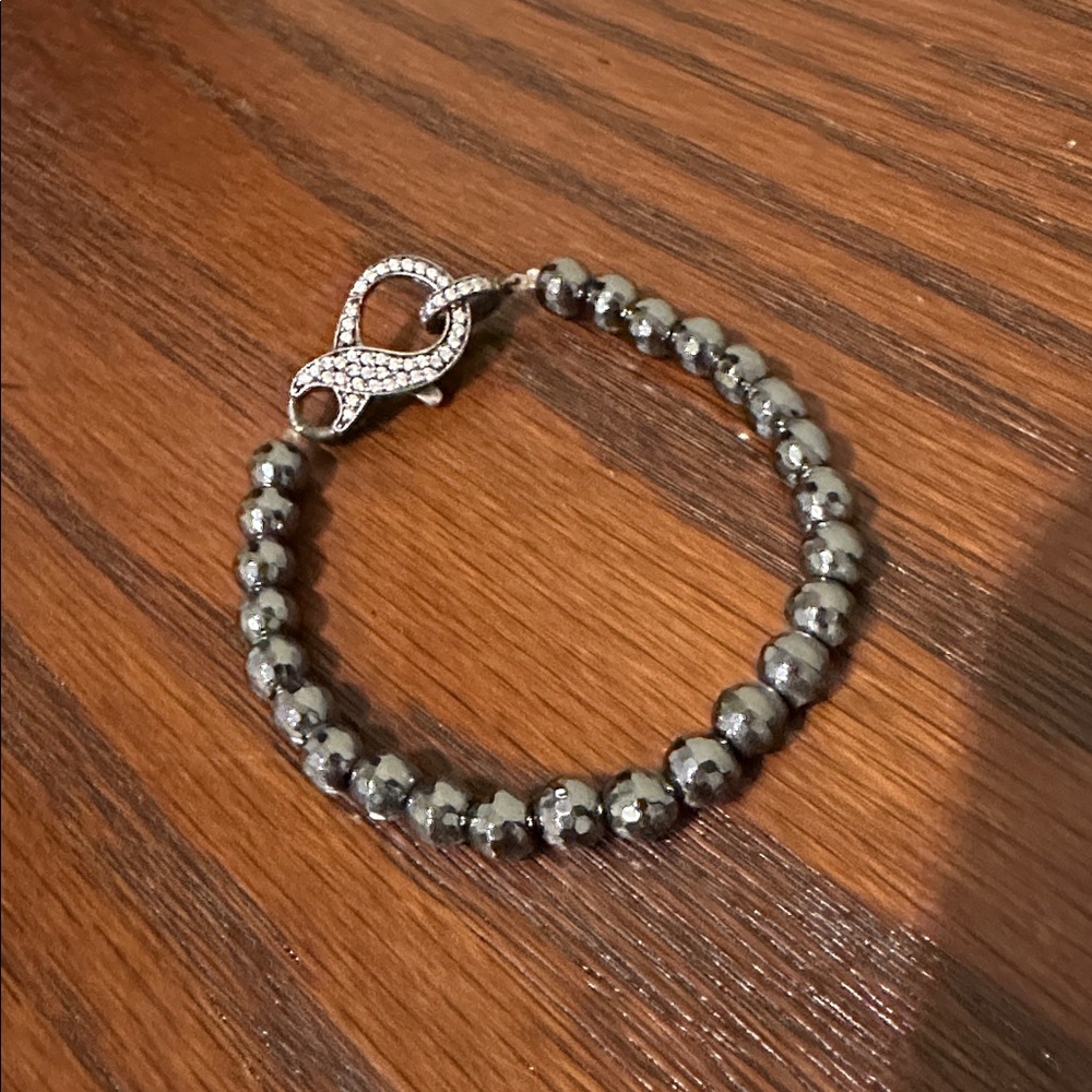 Hematite Beaded Stretch Bracelet w/ Cz Claw Clasp